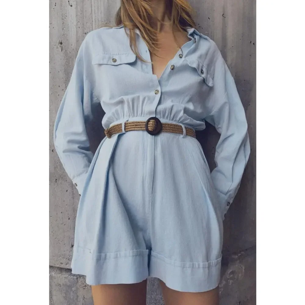 Zara Linen Blend Light Blue Belted Button Up Jumpsuit Shorts Romper Size Large